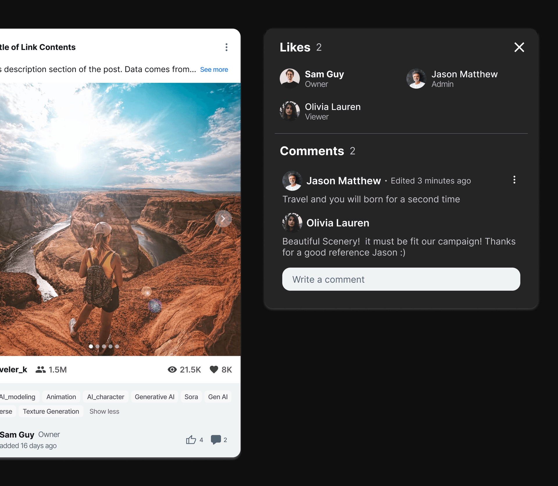 A saved link opened in Seemilar with a side panel listing the teammates who liked it and their comments.
