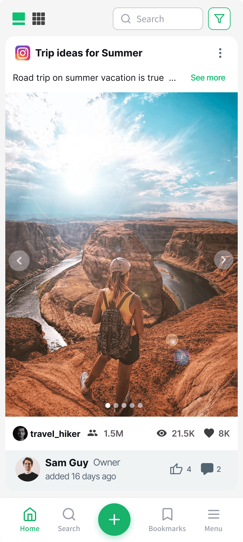 The Seemilar mobile feed showing a saved Instagram post titled “Trip ideas for Summer”, with its view and like counts and a teammate’s note underneath.