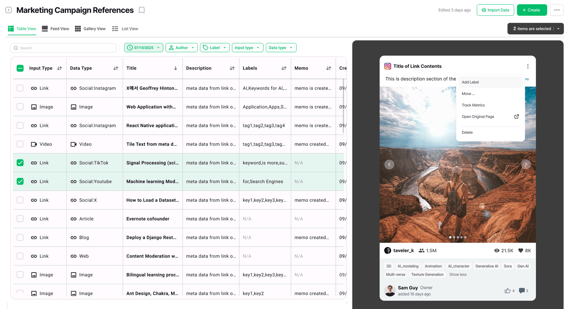 A Seemilar project called Marketing Campaign References, showing saved links in a sortable table alongside a detail panel for one saved Instagram post.